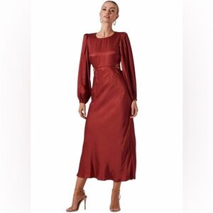 Astr Satin Long Sleeve Midi Dress in Deep Red